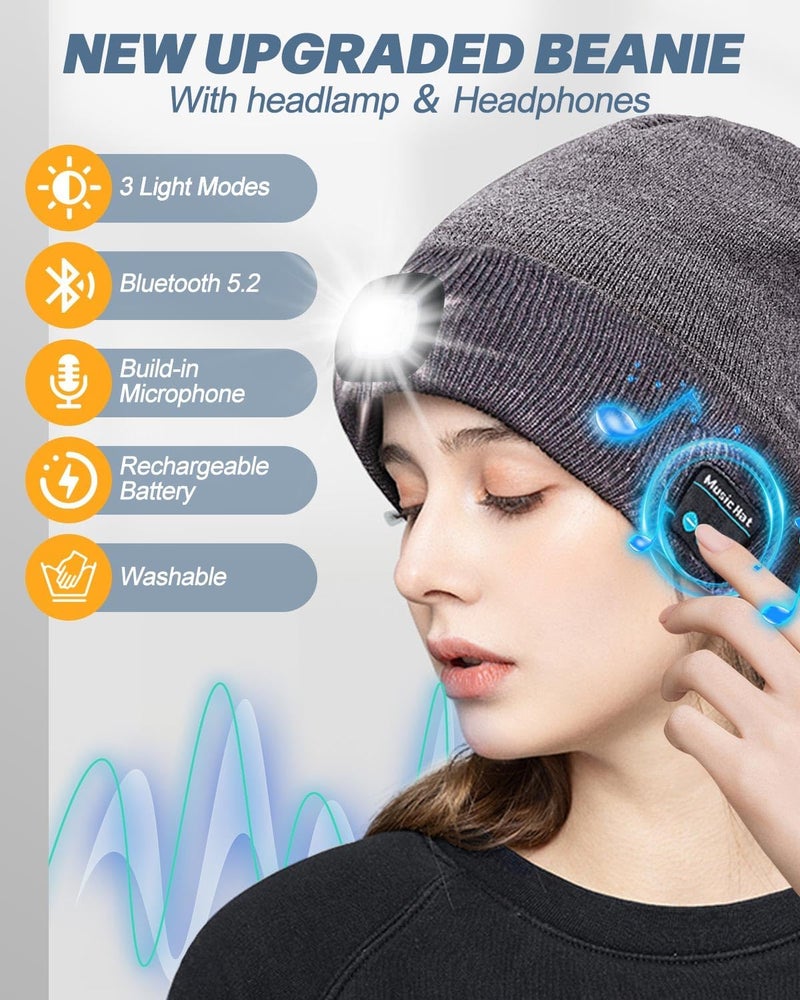 MOXTOYU Bluetooth Beanie with Light, USB Rechargeable LED Headlamp Winter Hat, Christmas Stocking Stuffers Gifts for Men Women - Image 2